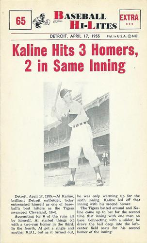 1960 Nu-Cards Baseball Hi-Lites #65 Kaline Hits 3 Homers, 2 In Same Inning Front