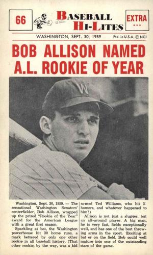 1960 Nu-Cards Baseball Hi-Lites #66 Bob Allison Named A.L. Rookie Of Year Front