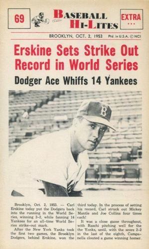 1960 Nu-Cards Baseball Hi-Lites #69 Erskine Sets Strike Out Record in World Series Front