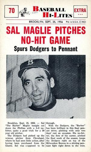 1960 Nu-Cards Baseball Hi-Lites #70 Sal Maglie Pitches No-Hit Game Front
