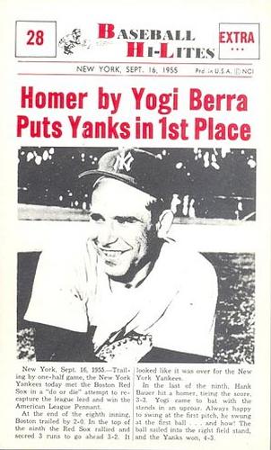 1960 Nu-Cards Baseball Hi-Lites #28 Homer by Yogi Berra Puts Yanks in 1st Place Front
