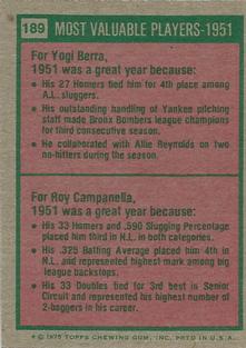 1975 Topps Mini #189 1951 MVPs (Yogi Berra / Roy Campanella) Back
