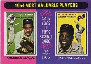 1975 Topps Mini #192 1954 MVPs (Yogi Berra / Willie Mays) Front