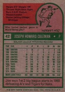 1975 Topps Mini #42 Joe Coleman Back