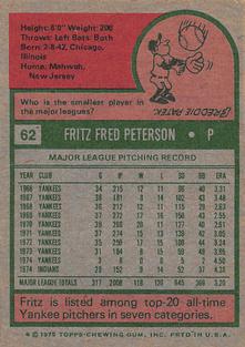 1975 Topps Mini #62 Fritz Peterson Back