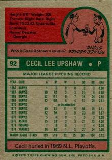 1975 Topps Mini #92 Cecil Upshaw Back