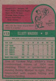 1975 Topps Mini #113 Elliott Maddox Back