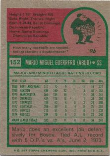 1975 Topps Mini #152 Mario Guerrero Back