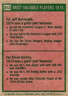 1975 Topps Mini #212 1974 MVPs (Jeff Burroughs / Steve Garvey) Back