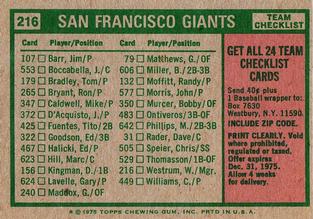 1975 Topps Mini #216 San Francisco Giants / Wes Westrum Back