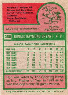 1975 Topps Mini #265 Ron Bryant Back