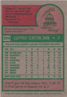 1975 Topps Mini #294 Geoff Zahn Back