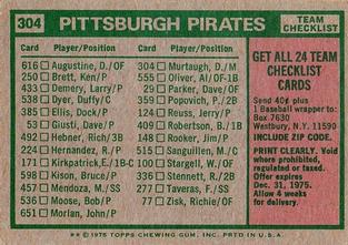 1975 Topps Mini #304 Pittsburgh Pirates / Danny Murtaugh Back