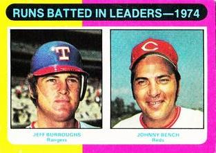 1975 Topps Mini #308 1974 RBI Leaders (Jeff Burroughs / Johnny Bench) Front