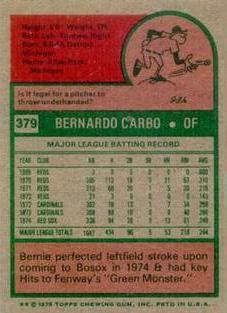 1975 Topps Mini #379 Bernie Carbo Back