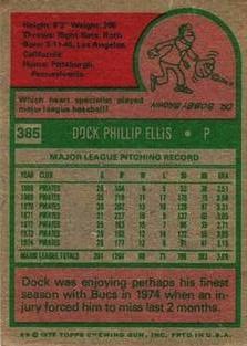 1975 Topps Mini #385 Dock Ellis Back