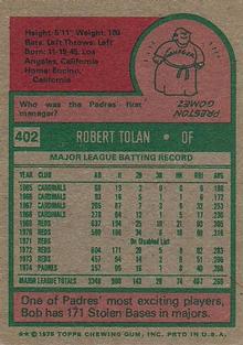 1975 Topps Mini #402 Bob Tolan Back