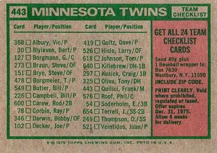 1975 Topps Mini #443 Minnesota Twins / Frank Quilici Back