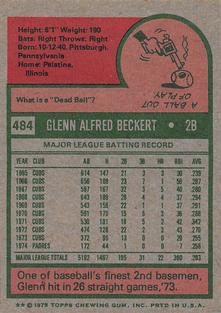 1975 Topps Mini #484 Glenn Beckert Back