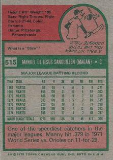 1975 Topps Mini #515 Manny Sanguillen Back
