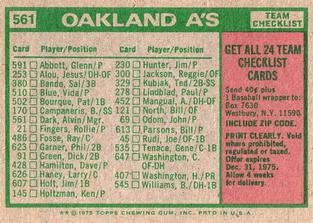 1975 Topps Mini #561 Oakland A's / Alvin Dark Back