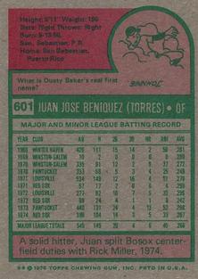 1975 Topps Mini #601 Juan Beniquez Back