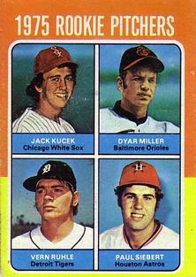 1975 Topps Mini #614 1975 Rookie Pitchers (Jack Kucek / Dyar Miller / Vern Ruhle / Paul Siebert) Front