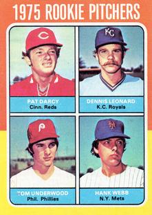 1975 Topps Mini #615 1975 Rookie Pitchers (Pat Darcy / Dennis Leonard / Tom Underwood / Hank Webb) Front