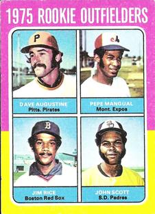 1975 Topps Mini #616 1975 Rookie Outfielders (Dave Augustine / Pepe Mangual / Jim Rice / John Scott) Front