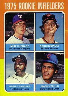 1975 Topps Mini #617 1975 Rookie Infielders (Mike Cubbage / Doug DeCinces / Reggie Sanders / Manny Trillo) Front