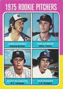 1975 Topps Mini #618 1975 Rookie Pitchers (Jamie Easterly / Tom Johnson / Scott McGregor / Rick Rhoden) Front