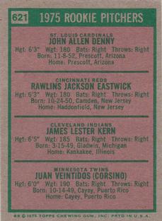 1975 Topps Mini #621 1975 Rookie Pitchers (John Denny / Rawly Eastwick / Jim Kern / Juan Veintidos) Back