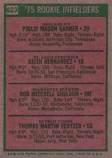 1975 Topps Mini #623 1975 Rookie Infielders (Phil Garner / Keith Hernandez / Bob Sheldon / Tom Veryzer) Back