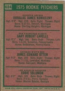 1975 Topps Mini #624 1975 Rookie Pitchers (Doug Konieczny / Gary Lavelle / Jim Otten / Eddie Solomon) Back
