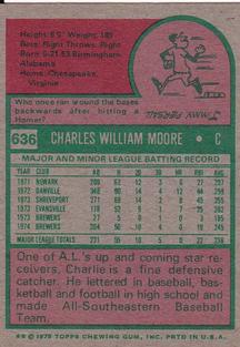 1975 Topps Mini #636 Charlie Moore Back