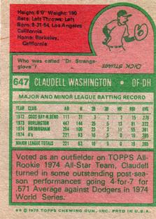 1975 Topps Mini #647 Claudell Washington Back