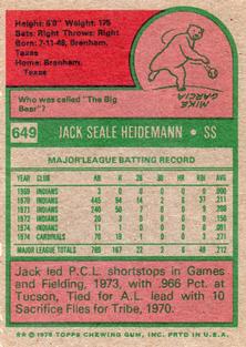 1975 Topps Mini #649 Jack Heidemann Back