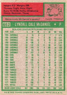 1975 Topps Mini #652 Lindy McDaniel Back