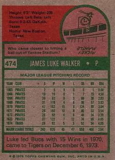 1975 Topps Mini #474 Luke Walker Back