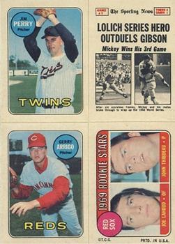 1969 Topps Four-in-One Stickers #NNO Jim Perry / World Series Game #7 (Mickey Lolich) / Gerry Arrigo / Red Sox 1969 Rookie Stars (Joe Lahoud / John Thibdeau) Front