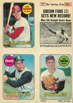 1969 Topps Four-in-One Stickers #NNO Mike  Shannon / World  Series  Game  #1  (Bob  Gibson) / Jose  Pagan / Tom  Phoebus Front