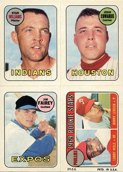 1969 Topps Four-in-One Stickers #NNO Stan Williams / Johnny Edwards / Jim Fairey / Phillies 1969 Rookie Stars (Larry Hisle / Barry Lersch) Front