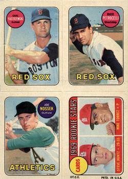 1969 Topps Four-in-One Stickers #NNO Carl Yastrzemski / Rico Petrocelli / Joe Nossek / Cardinals 1969 Rookie Stars (Steve Huntz / Mike Torrez) Front