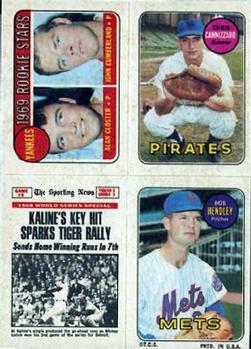 1969 Topps Four-in-One Stickers #NNO Yankees 1969 Rookie Stars (Alan Closter / John Cumberland) / Chris Cannizzaro / World Series Game #5 (Al Kaline) / Bob Hendley Front