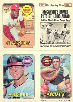 1969 Topps Four-in-One Stickers #NNO Bob Gibson / World Series Game #3 (Tim McCarver) / Rick Reichardt / Larry Haney Front