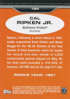 2011 Topps Lineage #194 Cal Ripken Jr. Back