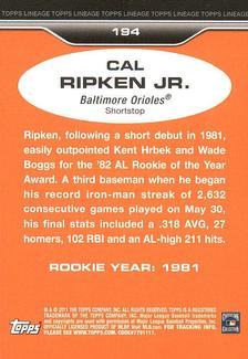 2011 Topps Lineage - 1975 Mini #194 Cal Ripken Jr. Back