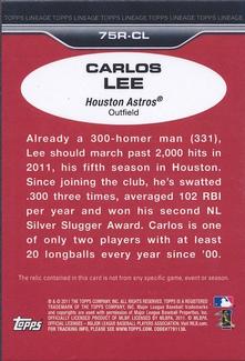 2011 Topps Lineage - 1975 Mini Relics #75R-CL Carlos Lee Back