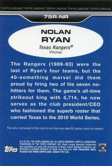 2011 Topps Lineage - 1975 Mini Relics #75R-NR Nolan Ryan Back