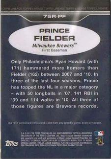 2011 Topps Lineage - 1975 Mini Relics #75R-PF Prince Fielder Back